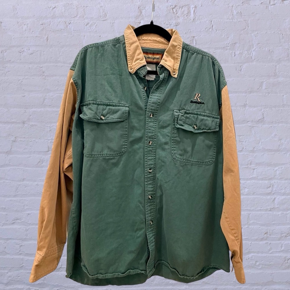 Remington Outdoor Clothing Shirt Jacket Green Tan Two Tone Elbow Patch Mens XL?